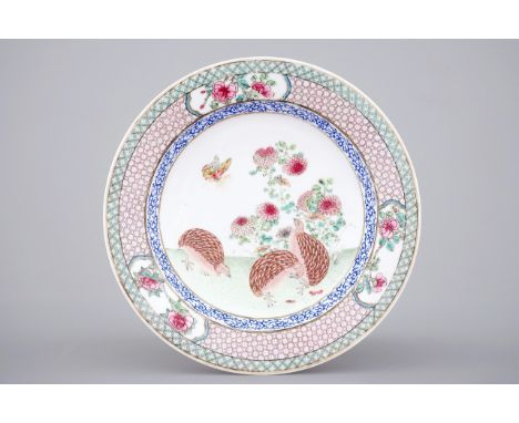 A Chinese eggshell ruby back porcelain plate with quails, Yongzheng, 1722-1735 Dia.: 20,5 cm  Condition: An almost invisible,