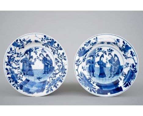 A pair of Chinese blue and white European market plates depicting the sense of smell, Kangxi, ca. 1700 Dia.: 16 cm      The c