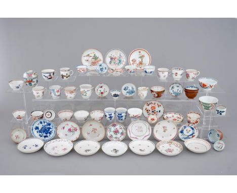 A big lot of Chinese cups and saucers, famille rose and blue & white, Kangxi and later (68 pcs. total) Various dimensions. Co