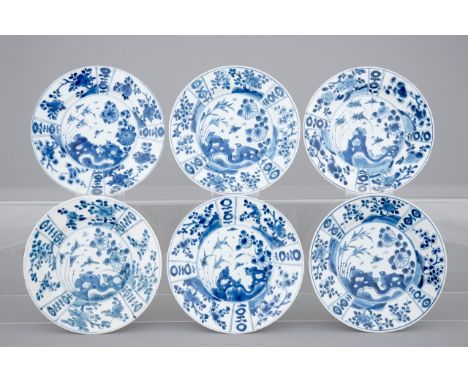A set of six Chinese blue and white plates with bird and flowers, Kangxi, ca. 1700 Dia.: 20,5 cm Condition reports and high r