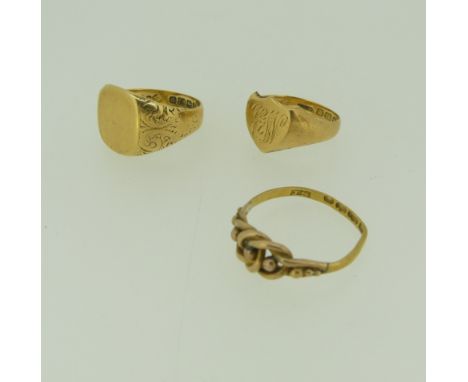 An 18ct yellow gold Signet Ring, with engraved shoulder and vacant front, Size R½, together with a small 18ct gold signet rin