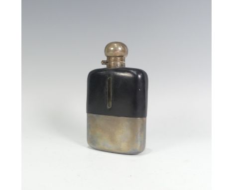 A George V silver mounted Hip Flask, by James Dixon &amp; Sons Ltd., hallmarked Sheffield, 1933, black leather covered glass 