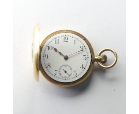 An 18ct yellow gold half hunter Fob Watch, the white enamel dial with Arabic Numerals and subsidiary seconds dial, manual win