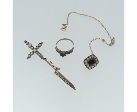 A 19thC Jabot Pin, in the form of a sword set seed pearls, unmarked, tested as gold, 7cm long, together with a very small see