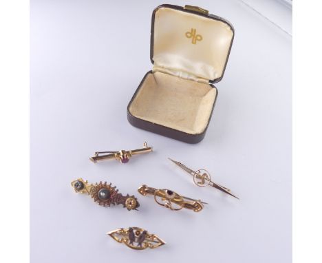 A 15ct gold Bar Brooch, set central seed pearl and with a ruby at either end, metal pin, 3.1g, together with a 14ct gold bar 