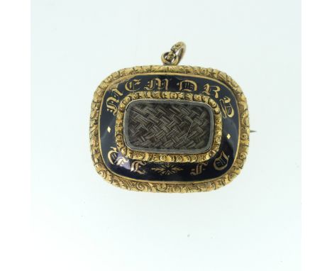 A 19thC Memorial Brooch, of rectangular form with black enamel and gilt 'In Memory Of' lettering, the centre with box and gla