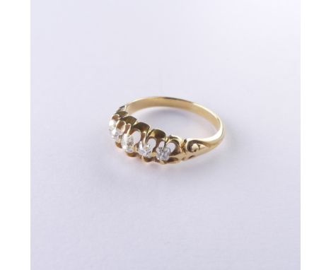 A small five stone diamond Ring, old cut stones, approx total weight 0.39ct, all mounted in unmarked gold, tested as 18ct, Si