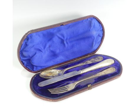 A Victorian silver Christening / Travelling cutlery set,&nbsp;by&nbsp;Martin, Hall &amp; Co., hallmarked London, 1871, foliat