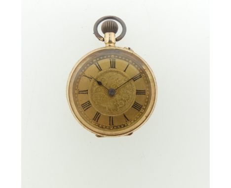 A Continental 14k yellow gold Fob Watch, with scrolling foliate decoration, gilt dial with Roman Numerals, gilt metal inner b