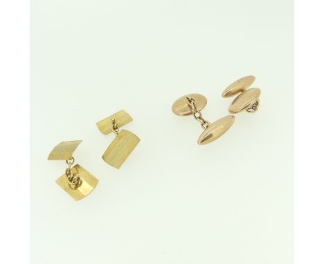 A pair of 9ct rose gold Cufflinks, with plain oval fronts and bullet reverse, together with a pair of 9ct yellow gold cufflin