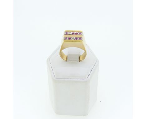 An unmarked yellow gold Ring, the square front set two rows of pink stones,&nbsp;two missing, tests as 18ct gold, Size M½, 8.