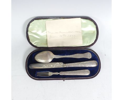 A Victorian silver cased Travelling / Christening Cutlery Set, by Aaron Hadfield, hallmarked Sheffield, 1846, with foliate de