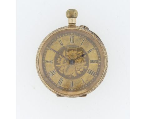 A 14ct gold Fob Watch, the gilt dial with foliate decoration and Roman Numerals, gilt metal cuvette, case with foliate decora