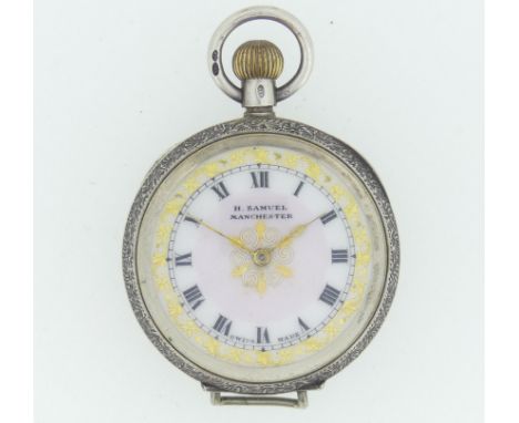 A pretty early 20thC silver Fob Watch, London import marks for 1911, the white enamel dial with Roman Numerals and gilt folia