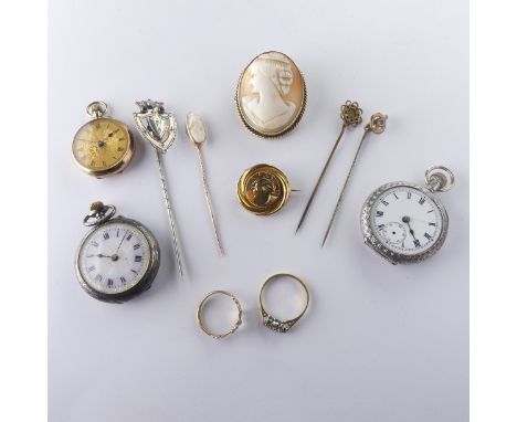 A small 9ct gold Fob Watch, with gilt dial, manual crown wind,27mm diameter, front cover hinge damaged, togethet with a 9ct g