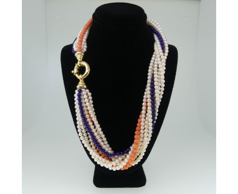 A multi-strand cultured pearl, lapis lazuli and coral Necklace, formed of six rows of cultured pearls, each approx. 4mm diame
