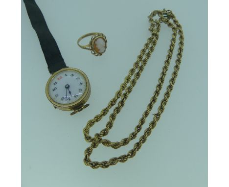 A 9ct gold ropetwist Chain, with replacement metal bolt ring clasp, together with a 9ct gold cameo ring, Size J, total weight