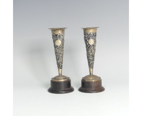 A pair of late 19thC Chinese export silver Vases, by Wing Nam &amp; Co., Hong Kong, of conical form with pierced scrolling dr