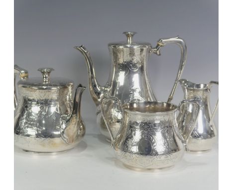 A Victorian silver four piece Tea Set, by&nbsp;William Hunter &amp; Son, hallmarked London, 1866, of baluster form, with foli