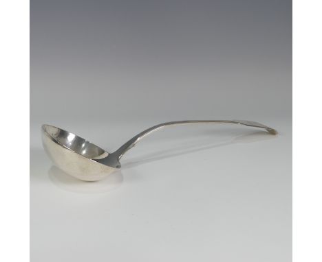 A William IV silver fiddle pattern Soup Ladle, by John Walton, hallmarked Newcastle, 1836, monogrammed and crested, 33.5cm lo