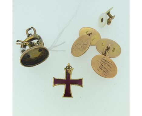A pair of 9ct rose gold oval Cufflinks, one side monogrammed, 11.2g, together with a damaged 9ct gold seal mount in the form 
