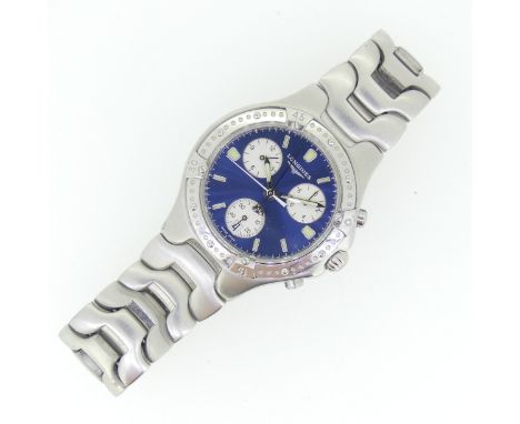 A Longines 'Sport Wing' stainless steel chronograph quartz bracelet Watch, model no. L3 614 4, 37mm case diameter with a blue