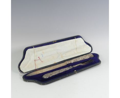 A Victorian cased silver Serving Knife and Fork set, by&nbsp;Martin, Hall &amp; Co., hallmarked Sheffield, 1862, with fruit a