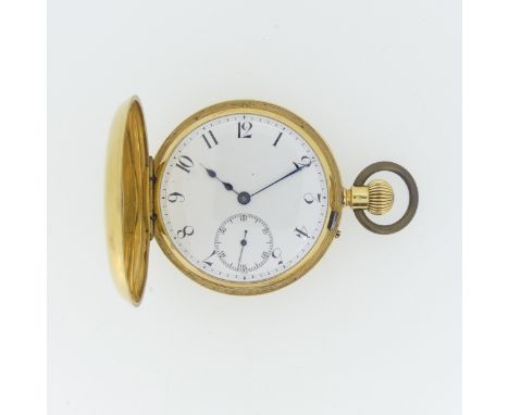 An 18ct gold half hunter Pocket Watch,&nbsp;unsigned white enamel dial with Arabic Numerals and subsidiary seconds dial, crow