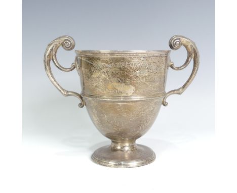 A Victorian silver Trophy Cup, by&nbsp;Charles Stuart Harris, hallmarked London 1894, of campana form with scroll handle and 