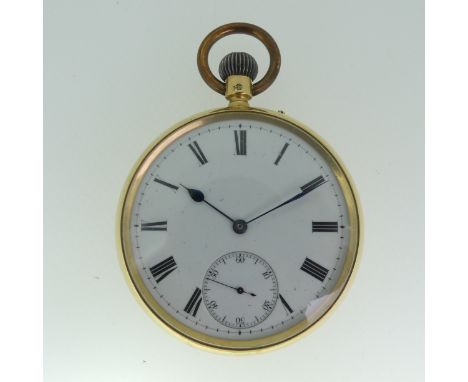 An 18ct gold open face Pocket Watch, unsigned white enamel dial with black Roman Numerals and subsidiary seconds dial, crown 
