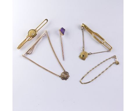 A small quantity of Jewellery, including three 'Long Service' tiepins from Shell, two set diamonds, the other green paste, gi