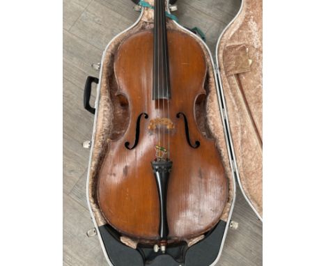 A late 19th / early 20th Century cello, spruce top, two piece maple back, no maker label present but marked J.W. to back, cas