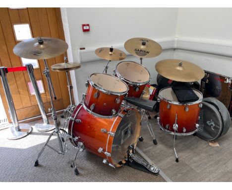 A Drum Workshop PDP Pacific FX Series five piece drum kit, comprising 14" snare drum, 22" kick drum, 12"and 13" mounted Toms 