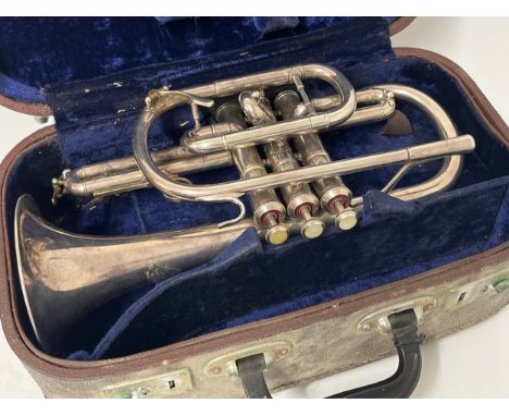A Lark silver plated cornet, cased