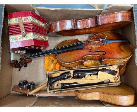 A box of mixed instruments including violin project, 7/8 Stradivarius style violin, recorders including Dolmetsch and ukulele