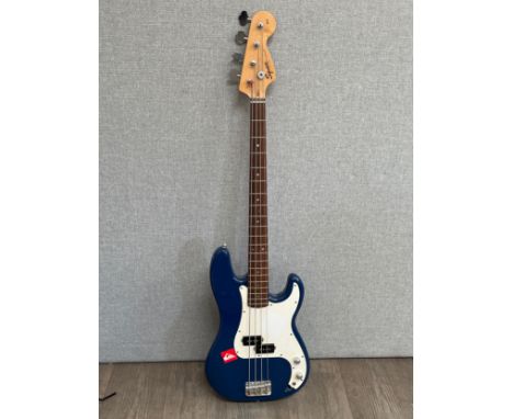 A Fender Squire P-Bass, blue body, with hard case