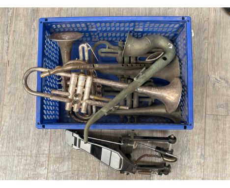 A box of brass instrument spares including trumpet and cornet 