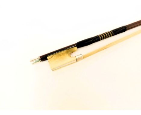 An early 20th Century cello bow stamped (indistinctly) Arnold Voigt, octagonal stick, ivory frog with silver plate and mother