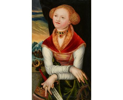   Monogrammist H.S.Die heilige Katharina  Öl auf Holz. 41 x 25 cm.ProvenienzAuktion Neumeister, München, Dezember (?) 1984. -