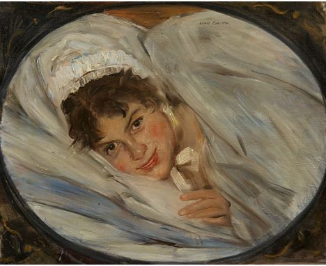   Lovis CorinthMädchenkopf im Kissen  Öl auf Leinwand. 44,5 x 55 cm.Signiert oben Mitte: LOVIS CORINTH.ProvenienzFrl. A. Weeb