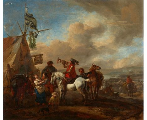   Philips WouwermanSoldaten beim Zelt einer Marketenderin mit einem Trompeter  Öl auf Holz. 37 x 43 cm.Monogrammiert unten li