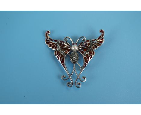 Silver enamel ruby &amp; pearl butterfly pendant brooch