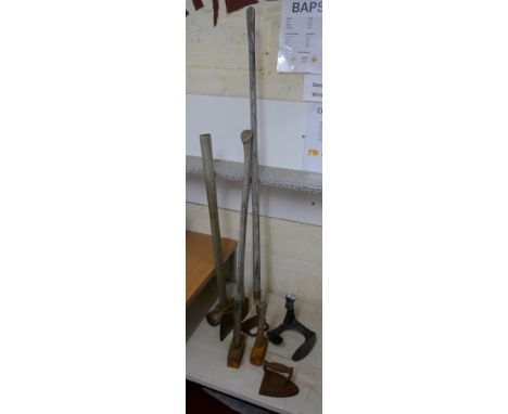 Collection of tools to include 2 lump hammers, axe and treble shoe last