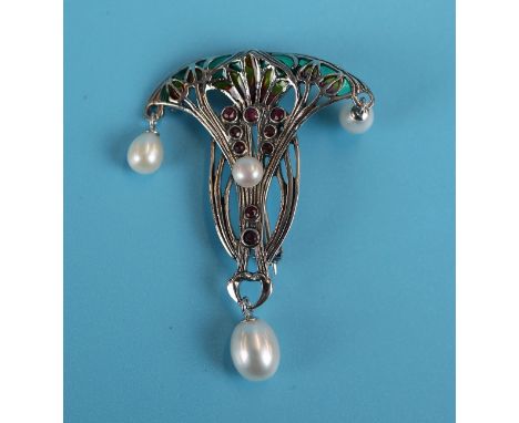 Silver enamel, pearl &amp; ruby set pendant brooch