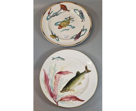 Two Aesthetic Movement Royal Worcester plates, one polychrome plate - Rare Fish 1877, the other with Pike amongst plants.  Pu