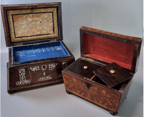 19th century rosewood and mother of pearl inlaid sarcophagus shaped jewellery casket together with a 19th century mixed woods