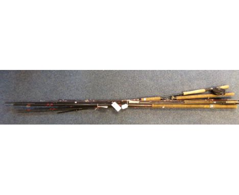 Collection of assorted, mainly carbon single and double handed fishing rods, various.  One with Leeda centre pin fly fishing 