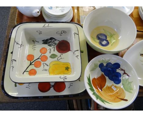 Tray of china to include: Royal Worcester 'Evesham Orchard' mixing bowl, two square vegetable design dishes and a fruit desig
