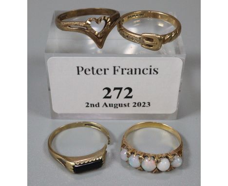 Collection of four 9ct gold rings, one with opal stones.  6.8g approx.  (B.P. 21% + VAT) 