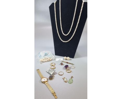 Bag of assorted jewellery to include 9ct gold earrings, opal pendant and other pendants, dress watch, ring etc.  (B.P. 21% + 